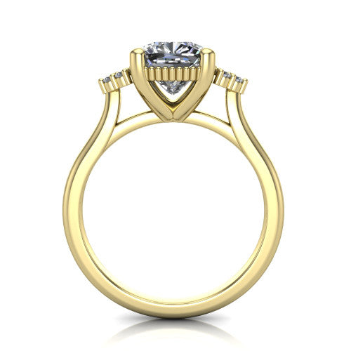 Brianna cushion three stone engagement ring in 14K Yellow Gold with milgrain-framed center and round side clusters, through-finger front profile