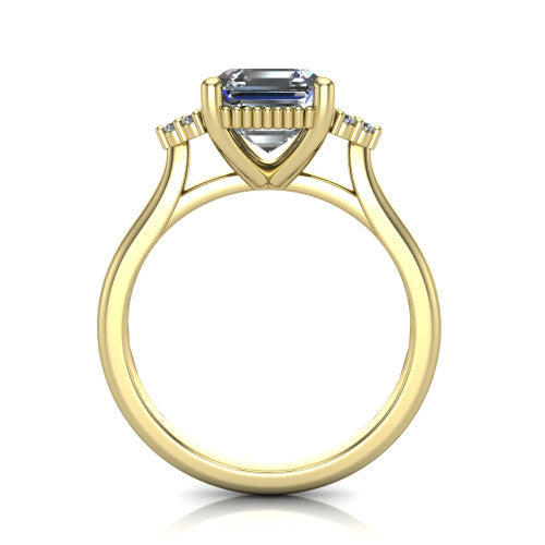 Brianna asscher three stone engagement ring in 18K Yellow Gold with milgrain-framed center and round side clusters, through-finger front profile