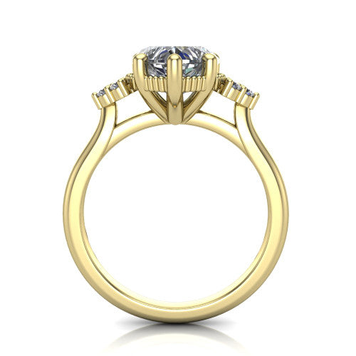 Brianna heart three stone engagement ring in 18K Yellow Gold with milgrain-framed center and round side clusters, through-finger front profile