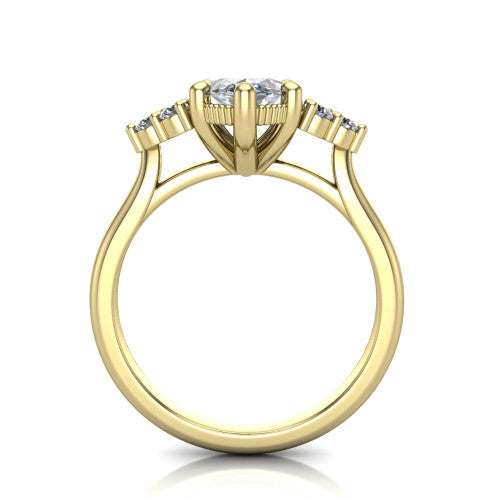 Brianna marquise three stone engagement ring in 14K Yellow Gold with milgrain-framed center and round side clusters, through-finger front profile