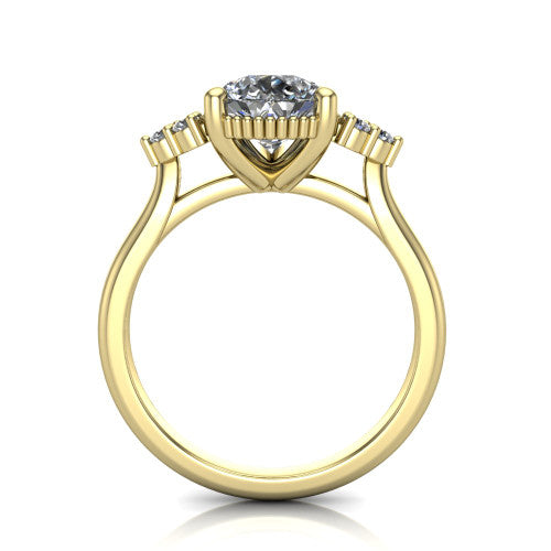 Brianna pear three stone engagement ring in 14K Yellow Gold with milgrain-framed center and round side clusters, through-finger front profile
