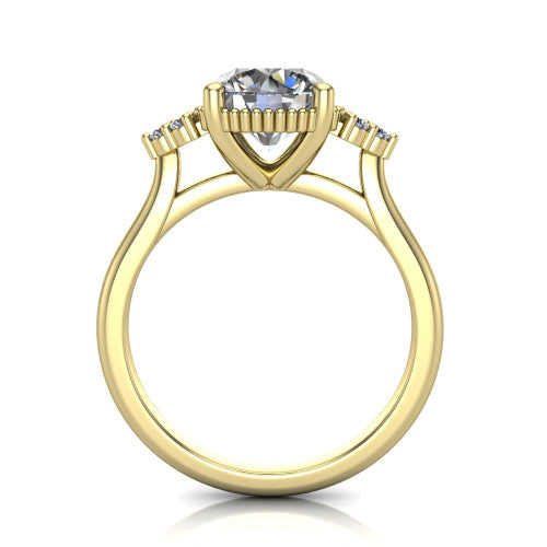 Brianna round three stone engagement ring in 18K Yellow Gold with milgrain-framed center and round side clusters, through-finger front profile