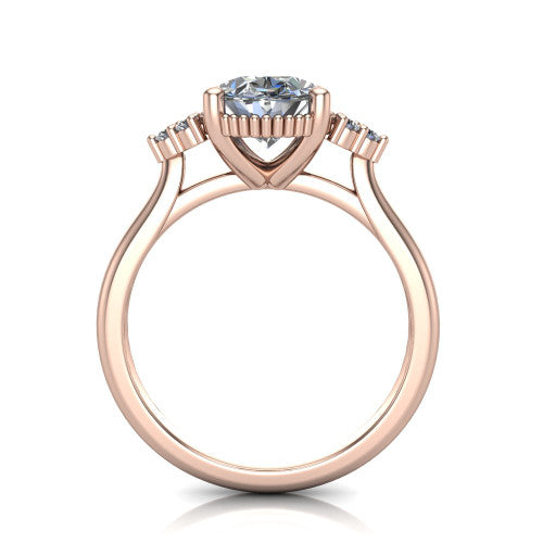 Brianna oval three stone engagement ring in 14K Rose Gold with milgrain-framed center and round side clusters, through-finger front profile
