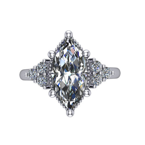 Brianna marquise three stone engagement ring in 18K White Gold with milgrain-framed center and round side clusters, top-down view of the milgrain-framed center and side accent clusters