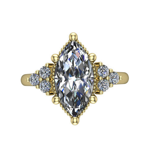 Brianna marquise three stone engagement ring in 14K Yellow Gold with milgrain-framed center and round side clusters, top-down view of the milgrain-framed center and side accent clusters