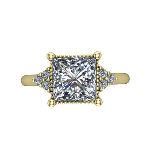 Brianna princess three stone engagement ring in 14K Yellow Gold with milgrain-framed center and round side clusters, top-down view of the milgrain-framed center and side accent clusters