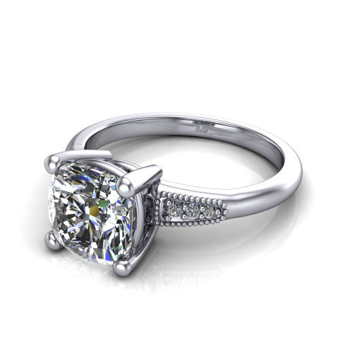 Juliette cushion pavé solitaire engagement ring in 14K White Gold with milgrain-edged band, three-quarter perspective view