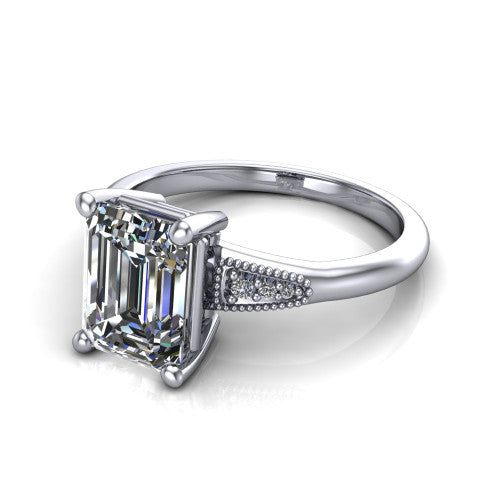 Juliette emerald pavé solitaire engagement ring in 14K White Gold with milgrain-edged band, three-quarter perspective view