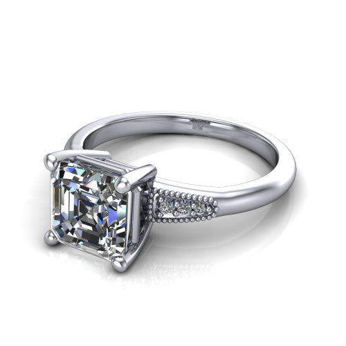 Juliette asscher pavé solitaire engagement ring in Platinum with milgrain-edged band, three-quarter perspective view