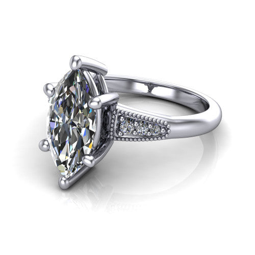 Juliette marquise pavé solitaire engagement ring in 14K White Gold with milgrain-edged band, three-quarter perspective view