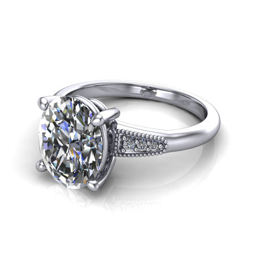 Juliette oval pavé solitaire engagement ring in Platinum with milgrain-edged band, three-quarter perspective view
