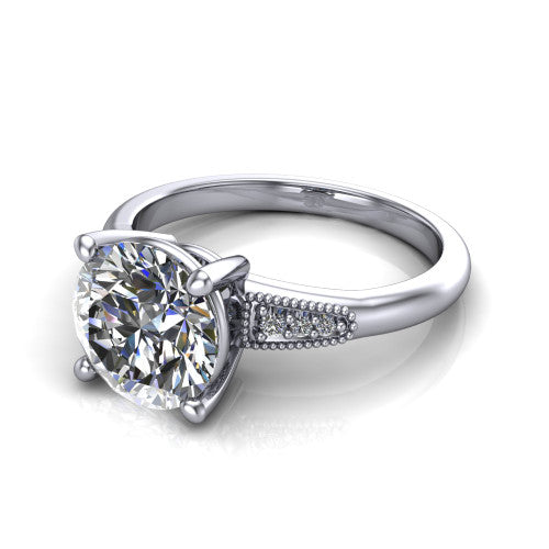 Juliette round pavé solitaire engagement ring in 18K White Gold with milgrain-edged band, three-quarter perspective view
