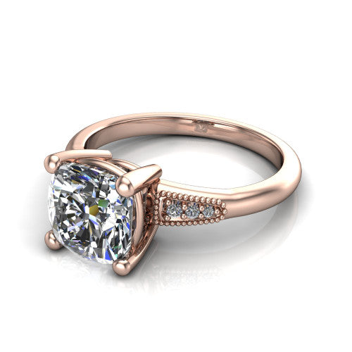 Juliette cushion pavé solitaire engagement ring in 18K Rose Gold with milgrain-edged band, three-quarter perspective view