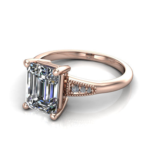 Juliette emerald pavé solitaire engagement ring in 18K Rose Gold with milgrain-edged band, three-quarter perspective view