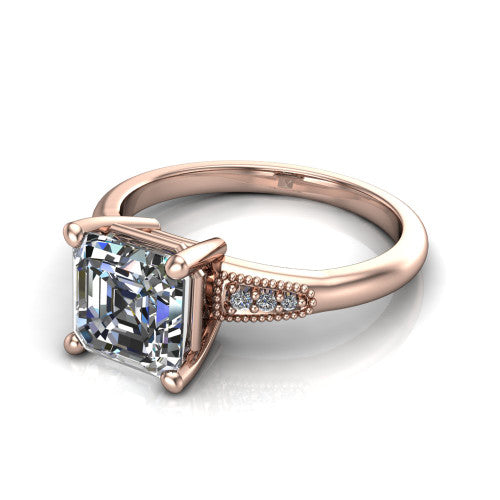 Juliette asscher pavé solitaire engagement ring in 18K Rose Gold with milgrain-edged band, three-quarter perspective view