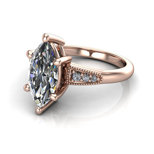 Juliette marquise pavé solitaire engagement ring in 14K Rose Gold with milgrain-edged band, three-quarter perspective view