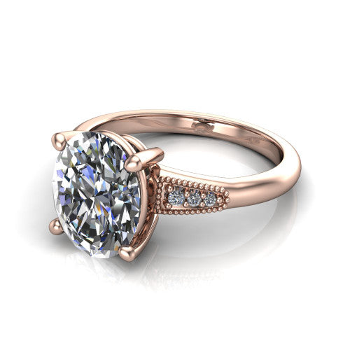 Juliette oval pavé solitaire engagement ring in 18K Rose Gold with milgrain-edged band, three-quarter perspective view