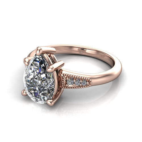 Juliette pear pavé solitaire engagement ring in 18K Rose Gold with milgrain-edged band, three-quarter perspective view