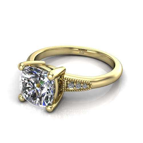 Juliette cushion pavé solitaire engagement ring in 14K Yellow Gold with milgrain-edged band, three-quarter perspective view
