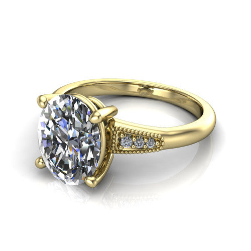 Juliette oval pavé solitaire engagement ring in 14K Yellow Gold with milgrain-edged band, three-quarter perspective view