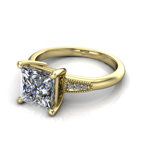 Juliette princess pavé solitaire engagement ring in 18K Yellow Gold with milgrain-edged band, three-quarter perspective view