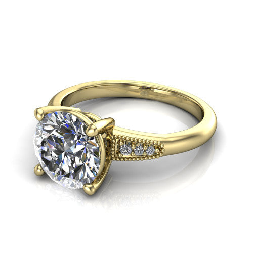 Juliette round pavé solitaire engagement ring in 18K Yellow Gold with milgrain-edged band, three-quarter perspective view