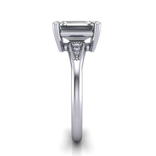 Juliette emerald pavé solitaire engagement ring in 14K White Gold with milgrain-edged band, side profile showing the tapered milgrain pavé band