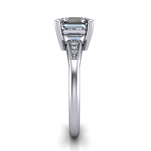 Juliette asscher pavé solitaire engagement ring in 18K White Gold with milgrain-edged band, side profile showing the tapered milgrain pavé band