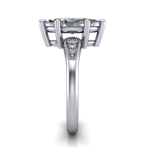 Juliette marquise pavé solitaire engagement ring in 14K White Gold with milgrain-edged band, side profile showing the tapered milgrain pavé band