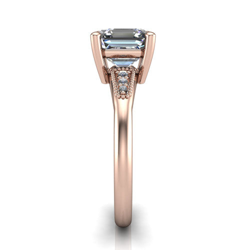 Juliette asscher pavé solitaire engagement ring in 14K Rose Gold with milgrain-edged band, side profile showing the tapered milgrain pavé band