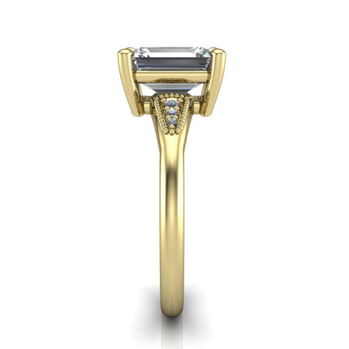 Juliette emerald pavé solitaire engagement ring in 14K Yellow Gold with milgrain-edged band, side profile showing the tapered milgrain pavé band
