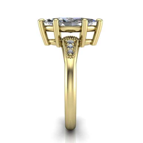 Juliette marquise pavé solitaire engagement ring in 14K Yellow Gold with milgrain-edged band, side profile showing the tapered milgrain pavé band