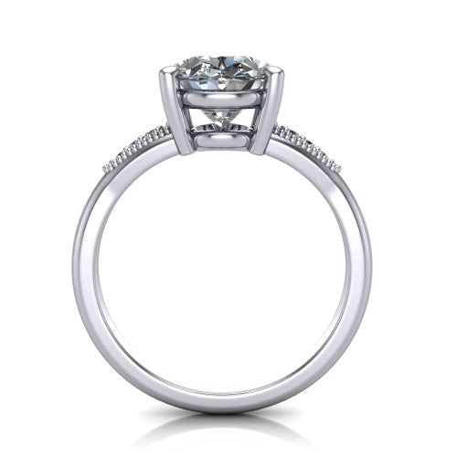 Juliette oval pavé solitaire engagement ring in 18K White Gold with milgrain-edged band, through-finger front profile