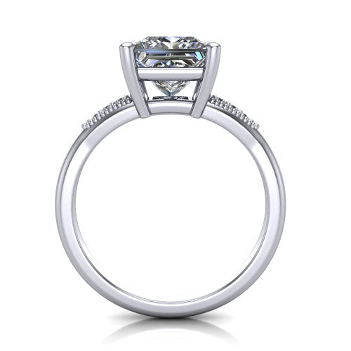 Juliette princess pavé solitaire engagement ring in Platinum with milgrain-edged band, through-finger front profile
