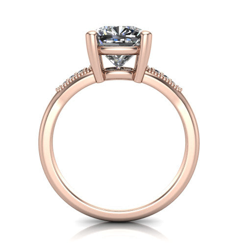 Juliette cushion pavé solitaire engagement ring in 18K Rose Gold with milgrain-edged band, through-finger front profile