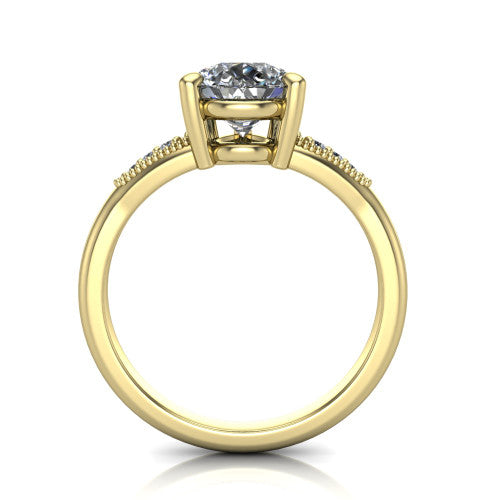 Juliette pear pavé solitaire engagement ring in 18K Yellow Gold with milgrain-edged band, through-finger front profile
