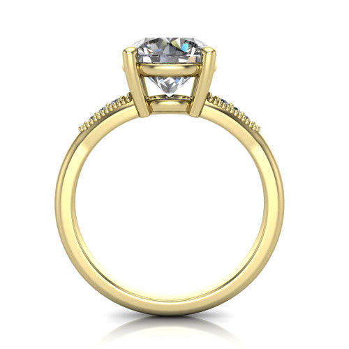 Juliette round pavé solitaire engagement ring in 18K Yellow Gold with milgrain-edged band, through-finger front profile