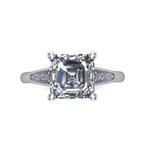 Juliette asscher pavé solitaire engagement ring in Platinum with milgrain-edged band, top-down view of the four-prong center and milgrain pavé band