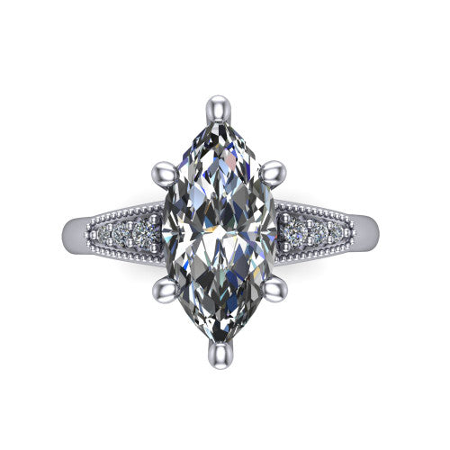 Juliette marquise pavé solitaire engagement ring in Platinum with milgrain-edged band, top-down view of the four-prong center and milgrain pavé band