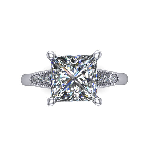Juliette princess pavé solitaire engagement ring in Platinum with milgrain-edged band, top-down view of the four-prong center and milgrain pavé band