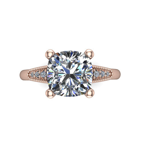 Juliette cushion pavé solitaire engagement ring in 18K Rose Gold with milgrain-edged band, top-down view of the four-prong center and milgrain pavé band