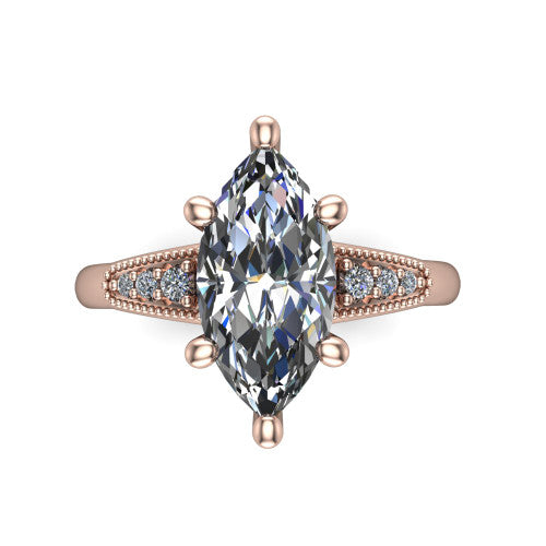 Juliette marquise pavé solitaire engagement ring in 18K Rose Gold with milgrain-edged band, top-down view of the four-prong center and milgrain pavé band