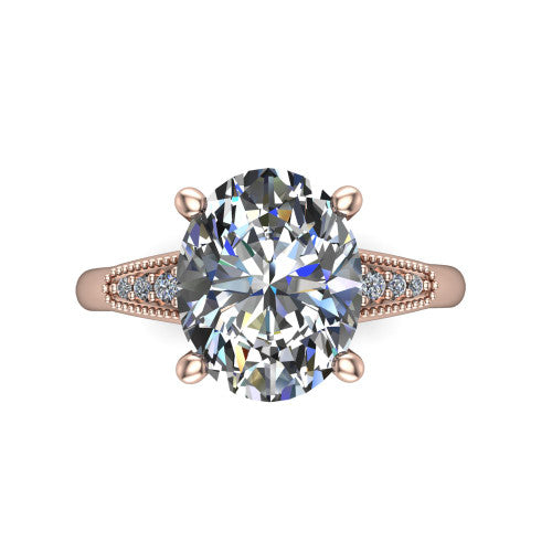 Juliette oval pavé solitaire engagement ring in 18K Rose Gold with milgrain-edged band, top-down view of the four-prong center and milgrain pavé band