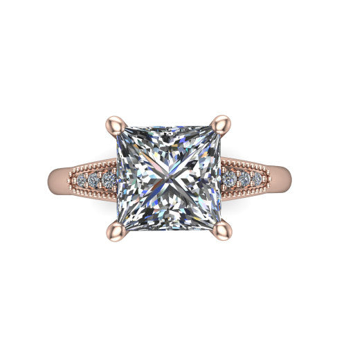 Juliette princess pavé solitaire engagement ring in 18K Rose Gold with milgrain-edged band, top-down view of the four-prong center and milgrain pavé band