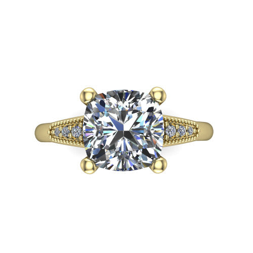 Juliette cushion pavé solitaire engagement ring in 18K Yellow Gold with milgrain-edged band, top-down view of the four-prong center and milgrain pavé band