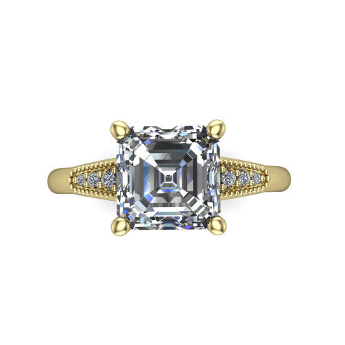 Juliette asscher pavé solitaire engagement ring in 14K Yellow Gold with milgrain-edged band, top-down view of the four-prong center and milgrain pavé band