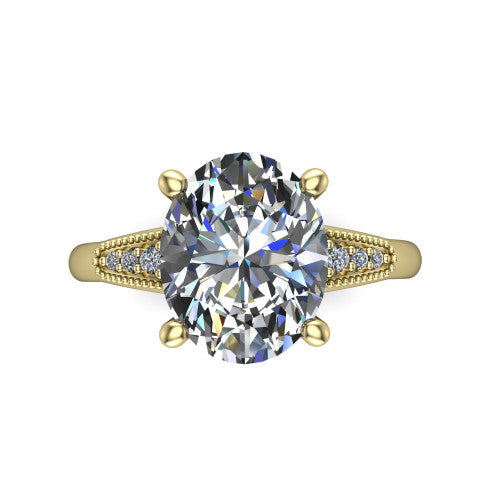 Juliette oval pavé solitaire engagement ring in 14K Yellow Gold with milgrain-edged band, top-down view of the four-prong center and milgrain pavé band
