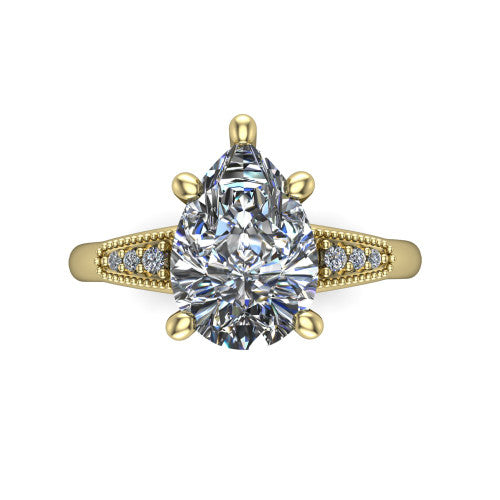 Juliette pear pavé solitaire engagement ring in 18K Yellow Gold with milgrain-edged band, top-down view of the four-prong center and milgrain pavé band