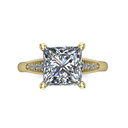 Juliette princess pavé solitaire engagement ring in 18K Yellow Gold with milgrain-edged band, top-down view of the four-prong center and milgrain pavé band