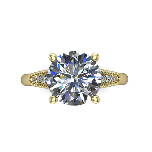 Juliette round pavé solitaire engagement ring in 14K Yellow Gold with milgrain-edged band, top-down view of the four-prong center and milgrain pavé band